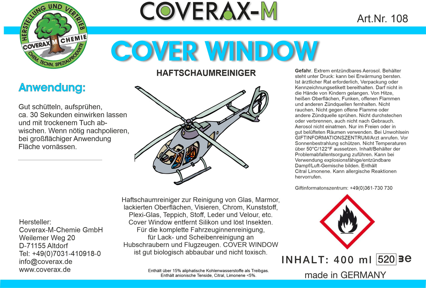 Art. Nr. 108 -Cover Window - Reinigungsschaum 400ml Aerosol