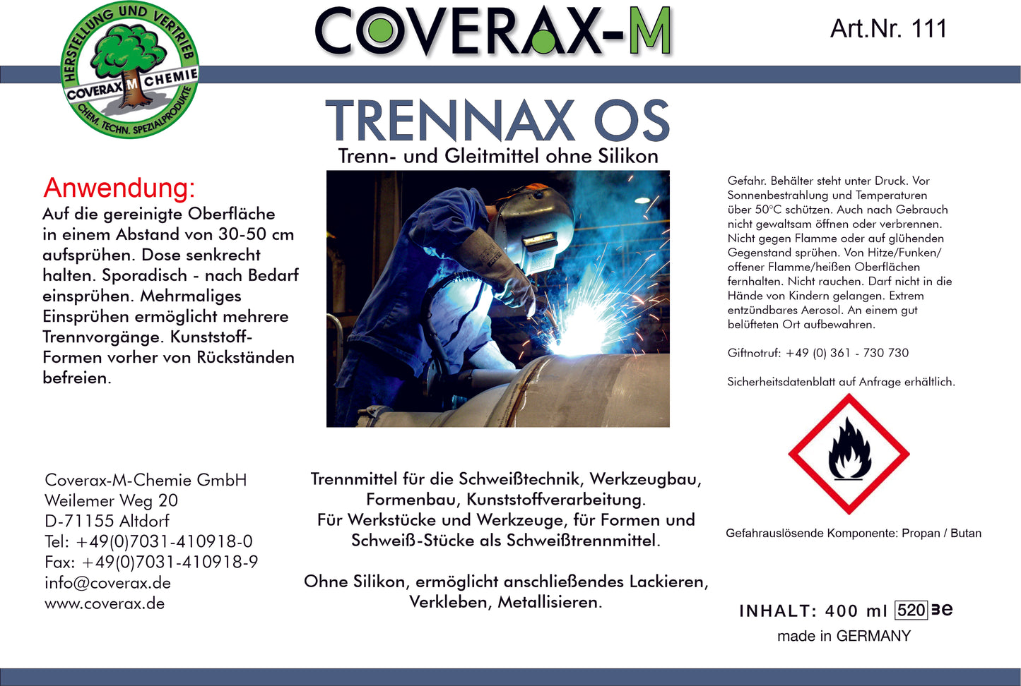 Art. Nr. 111 - Trennax OS Trennmittel ohne Silikon, Schweiß-trennmittel, 400ml Aerosol